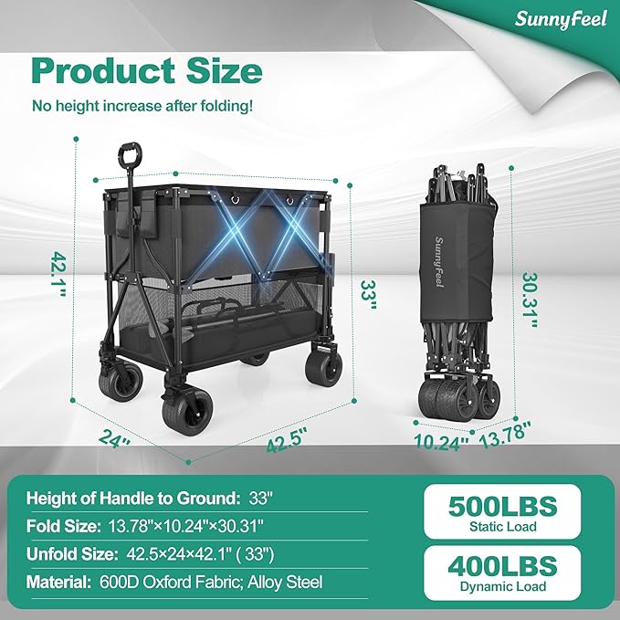 SunnyFeel Double Decker Wagon, Collapsible Outdoor Utility Wagon Cart 500LB Capacity Adjustable Handlebar,Foldable Wheels Stable Durable Oxford Fabric for Shopping Garden Camping (Black, Double Deck)