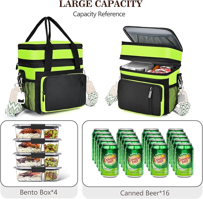 LOKASS Lunch Box for Women/Men-16L-Insulated Lunch Bag, Expandable Double-layer Leakproof Cooler Bag with Upgrade Adjustable Shoulder Strap Ideal for Work/Travel/Picnics（Neon Green）