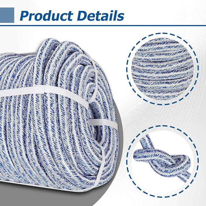 3/4 Inch x 100 Feet Double Braid Polyester Rope 20000Lbs Breaking Strength Strong Pulling Rope for Tree Work Camping Swings(Blue White)