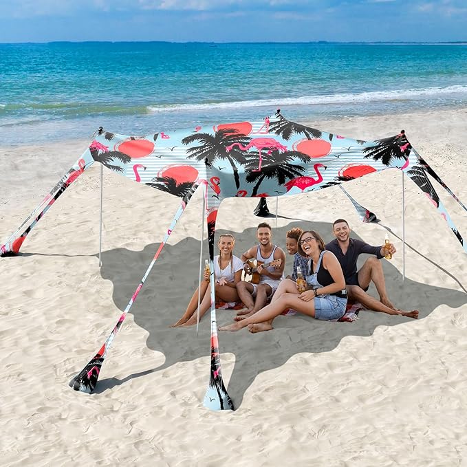 Rhino Valley Beach Tent Sun Shelter, Beach Canopy Tent Sun Shade UPF50+ Protection with 8 Sandbags 4 Stability Poles, Outdoor Beach Shade Canopy for Beach, Camping, Fishing