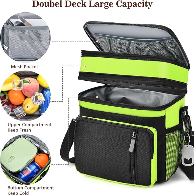 Lunch Box & Lunch Bag for Men Women, Large Insulated Adult Lunch Box, Leakproof Cooler Lunchbox with Bottle Opener for Work Picnic Beach, 16L, Neon Green