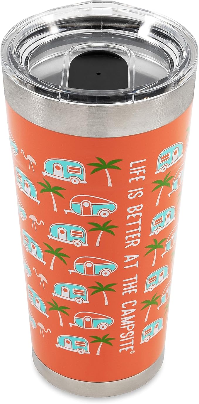 Camco Life is Better at The Campsite Tumbler | Heavy Duty Double Wall Vacuum Insulation | Crafted of 18/8 Stainless Steel | Unique Palm Tree & RV Design on Pink Background | 20-oz (53322)