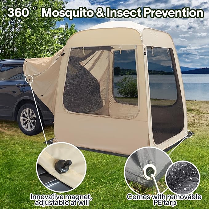 All Weather Camping Screen Tent/SUV Tent, Outdoor Pop Up Tent for Camping with Shelter Mesh & Waterproof PVC, Instant Tent Screen House Portable for Car SUV Van Camping
