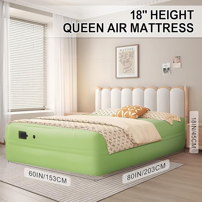 Queen Air Mattress with Built-in Battery Pump, All Luxury Cooling Pongee Fabric Material, Waterproof & Leakproof Air Mattress Queen, Portable Foldable Guest Bed (18", Green)