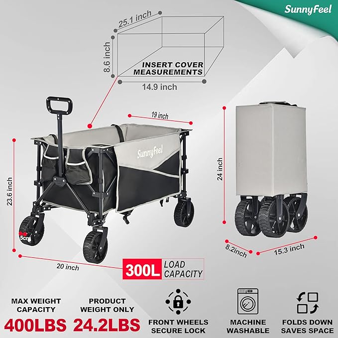 SunnyFeel Heavy Duty Collapsible Outdoor Utility Wagon Cart 300LB Capacity Adjustable Handlebar,Foldable Beach Wheels Stable Durable Oxford Fabric for Shopping Garden Camping (Black & Grey)