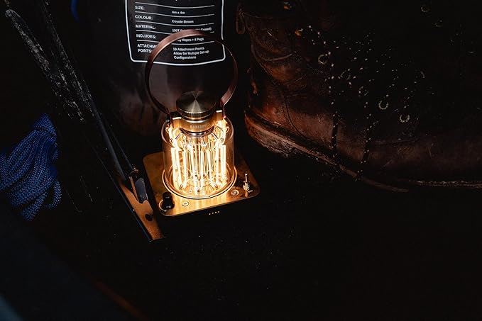 Barebones Block Tower Lantern – Rechargeable LED Lantern with Adjustable Brightness, Candle Flicker Mode, Brass & Copper Finish, Portable Light for Indoor and Outdoor Use