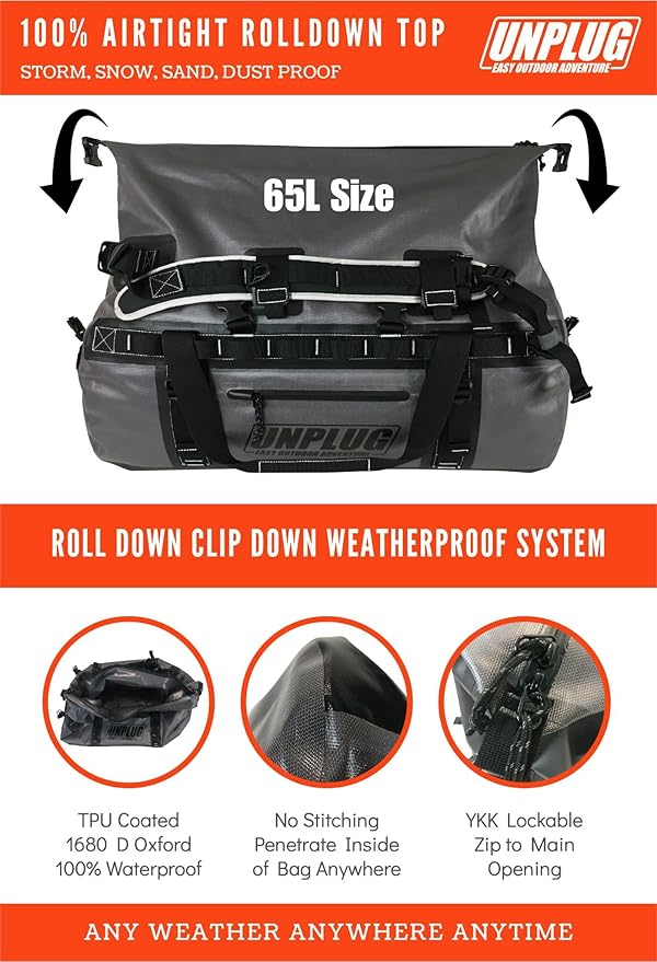 UNPLUG Ultimate Adventure Bag | 1680D Heavy Duty Waterproof Bag | Large Travel Duffle Bag which can be Used for Camping, Motorcycling, Boating, or Hunting