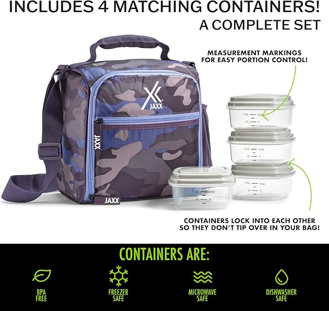 Fit & Fresh JAXX Meal Prep Lunch Box With Container For Men and Women, 5pc. Meal Prep Kit Lunch Bag With Containers Included, Camo Plum