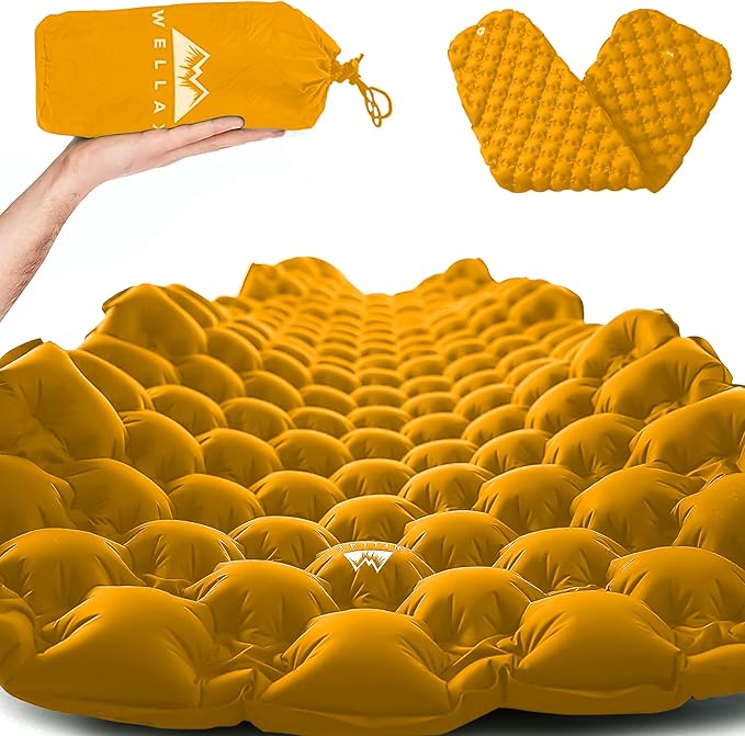 WELLAX Ultralight Air Sleeping Pad - Inflatable Sleeping Mat, Ultimate Airpad for Backpacking, Traveling, Camping and Hiking - Repair Kit, Carry Bag, Compact Air Mattress