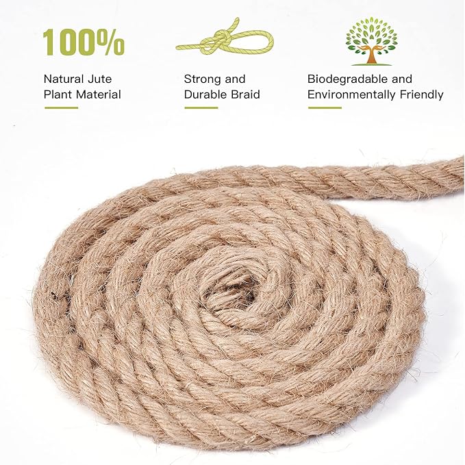 Heavy Duty Jute Rope - 1/2 Inch, 100 Feet, Natural Hemp, Twisted, Ideal for Crafts, Gardening, Bundling, Climbing, Hammock, Nautical, Tug of War, Railings, Home Decorating