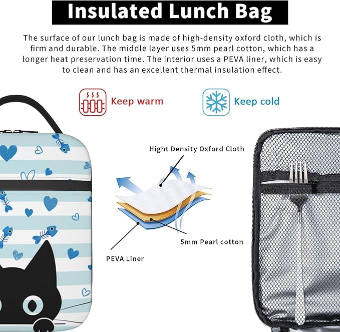 Black Cat Lunch Box Reusable Insulated Lunch Bag Thermal Cooler Tote For Boys Girls Teen School Men Women Picnic Travel Hiking