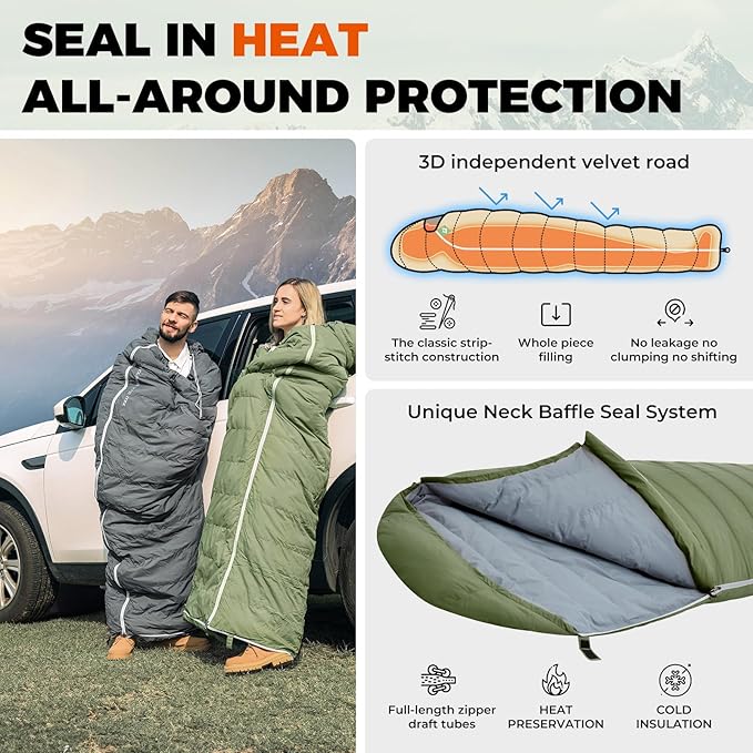KingCamp Down Sleeping Bag for Adults, 600 FP Cold Weather 3-4 Season Sleeping Bag, Ultralight & Compact with Compression Sack for Backpacking, Camping, Hiking
