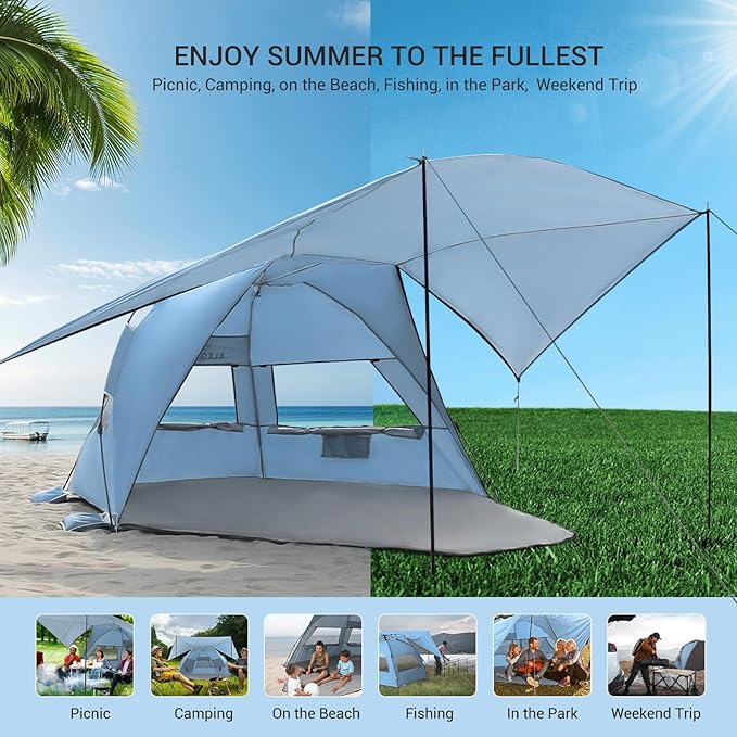 Elegear Beach Tent With 360 Removable Canopy, 4-6 Person Pop Up Sun Shade Shelter, UPF 50+ Automated Installation Double Silver Coating Portable Lightweight Cabana