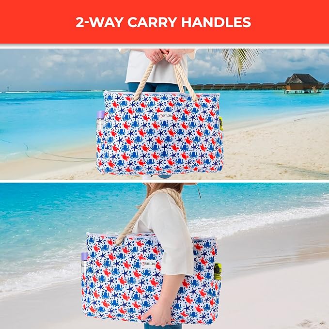 SHYLERO Beach Bag and Pool Bag. Has Airtight Pouch, Ton of Pockets. Beach Tote is Zippered, Water Resistant. Family Size