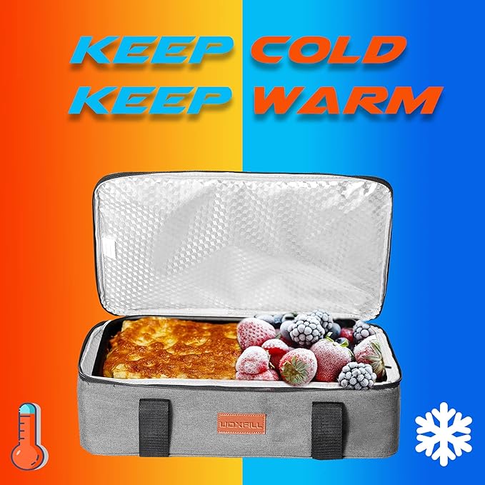 Lunch Bag Insulated Thermal Food Carrier Insulated Casserole Carrier for Hot or Cold Food,Insulated Tote Bag for Potluck Cookouts Parties Picnic, Lasagna Lugger,Fits 9"x13" Baking Pan,Gray