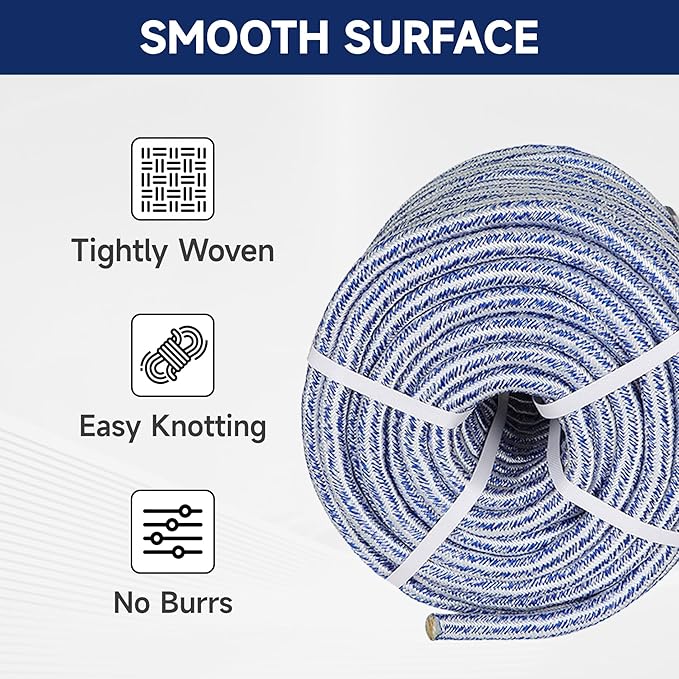 Arborist Tree Rope, 3/4inch by 100FT, 24 Strand Bull Rope up to 20000lbs Tensile Strength, Blue and White