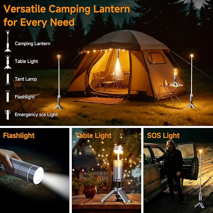 Rechargeable 20000mAh Camping Light, Telescopic Camping Lights, Collapsible Magnetic Camping Lantern with Stand IPX6 Waterproof Flashlights, Camping Lamp for Emergency, Hiking