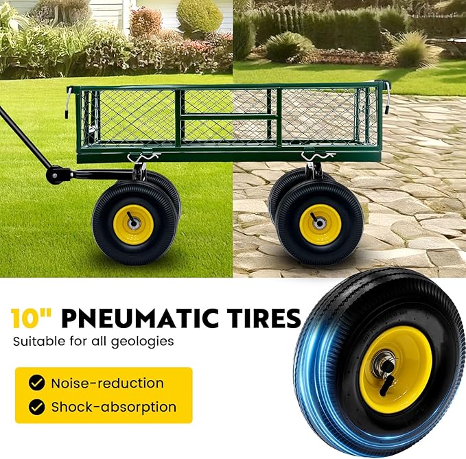 Steel Garden Cart, 2-in-1 Heavy Duty Utility Wagon 500 LBS Capacity Carts with Removable Mesh Sides to Convert into Flatbed, 240° U-Turn 10" Pneumatic Tires Garden Wagon for Lawn Camping Farm Yard