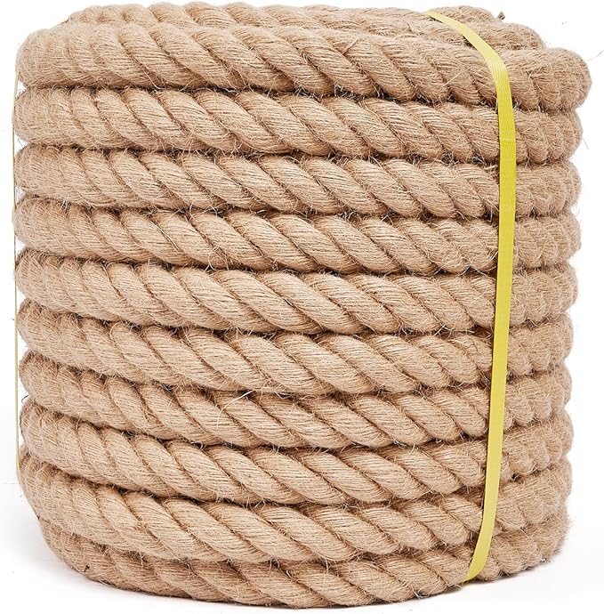 Jute Rope 1 1/2 Inch 50 Feet, Heavy Duty Natural Hemp Ropes, Twisted Hemp Rope for Crafts, Gardening, Bundling, Climbing, Hammock, Nautical, Tug of War, Railings, Home Decorating