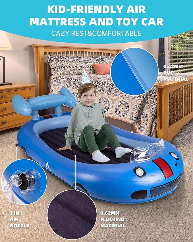 Inflatable Kids Travel Bed with Avocado Hugging Pillow, Lightweight Portable Raised Sides Racecar Toddler Air Mattress, Kids Blow Up Mattress for Home, Hotel, Camping Use, 300 lbs Max