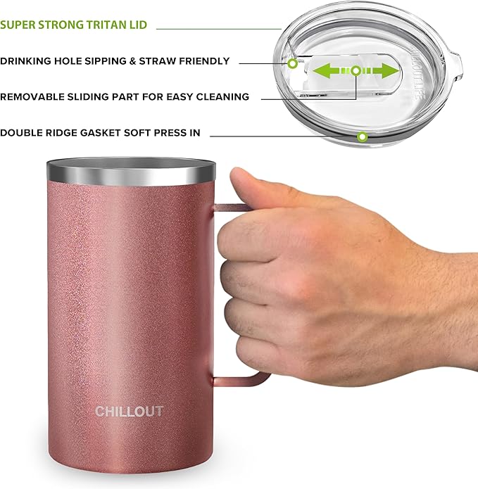 CHILLOUT LIFE Stainless Steel Vacuum Insulated Coffee Mug 16 oz (Set of 2) with Handle and Lid, Large Thermal Camping Coffee Mugs with Sliding Lid for Men & Women, Keeps Your Beverages Hot & Cold