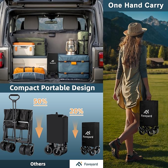 Favoyard Collapsible Wagon Carts Foldable 150L & 360LBS Portable Folding Wagons with All-Terrain Wheels & Brakes Heavy Duty Outdoor Utility Cart for Beach Grocery Camping Shopping Sports Garden, Black