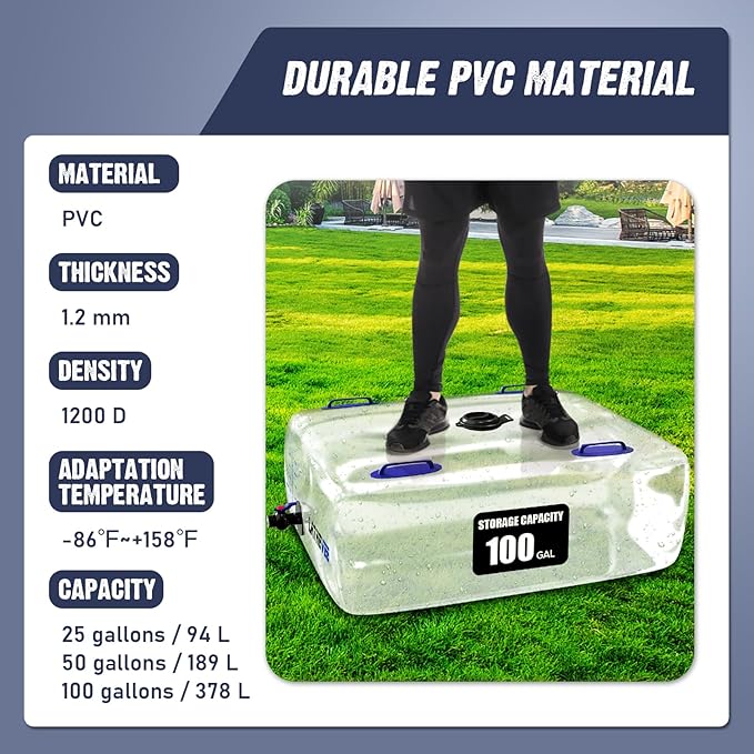 Water Storage Bladder, 25/50/100 Gallon Portable Water Tank, Transparent and Foldable with 4 Types of Interface Accessories, Suitable for Gardens, Emergency Situations, Camping, Etc.