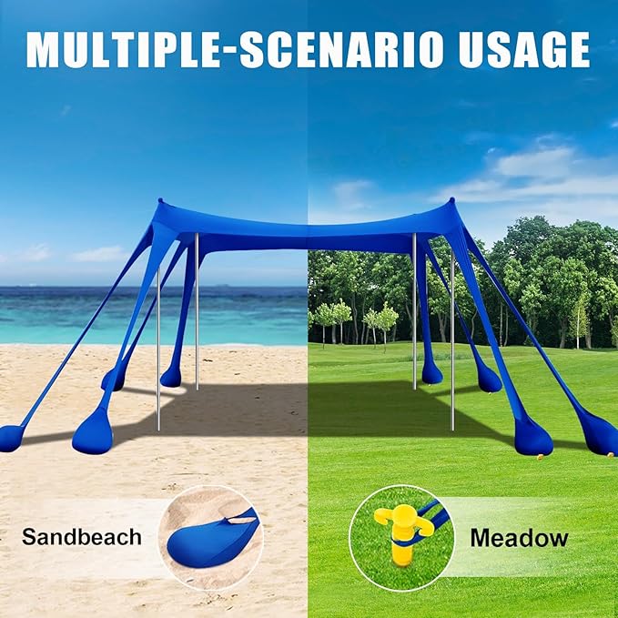 Beach Tent,10x10ft Sun Shelter UPF50+ Includes 8 Sandbags and Ground Pegs-2 Sand Shovel-4 Aluminum Poles-Carrying Bag,Beach Canopy for Camping Trips,Fishing,Backyard Fun or Picnics.