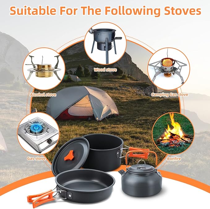 LIXADA 16pcs Camping Cookware Mess Kit, Non-Stick Lightweight Pot Pan Kettle Set with Stainless Steel Plates Forks Knives Spoons, Portable Camping Cooking Set for Outdoor Backpacking Hiking Picnic