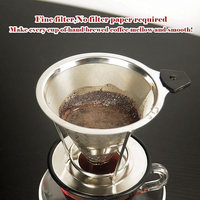 LIGICKY Reusable Coffee Filter Professional Manual Stainless Steel Coffee Dripper Cone Coffee Strainer Paperless Coffee Maker for 2-4 people with Removable Cup Stand, Cleaning Brush, Coffee Scoop