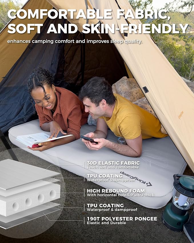 KingCamp 6" Thick Self-Inflating Camping Sleeping Pad, 4-Season Outdoor Sleeping Mat, Waterproof & Durable, Fast Inflation, Ideal for Camping, Hiking, Car, Tent