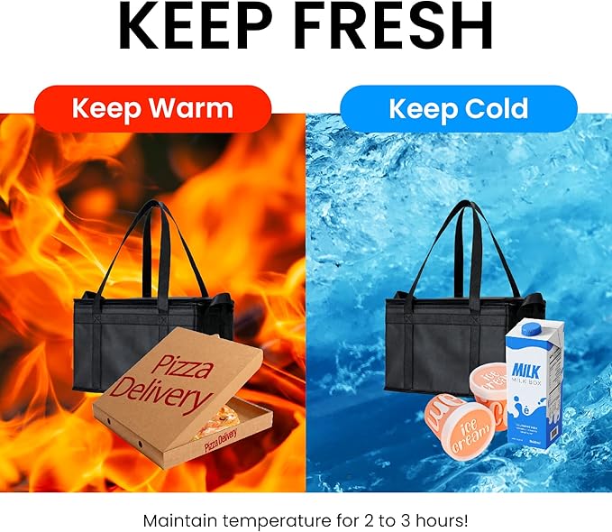 NZ home Large Insulated Cooler Bag and Food Warmer for Delivery & Grocery Shopping with Zippered Top, Black (1 Pack)