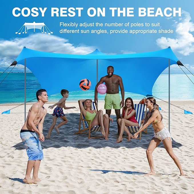Rhino Valley Beach Tent Sun Shelter, 10x10FT Beach Canopy Tent Sun Shade UPF50+ Protection with 8 Sandbags 4 Stability Poles, Outdoor Beach Shade Canopy 6-8 People for Beach Camping Fishing