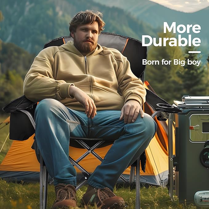 ALPHA CAMP Oversized Camping Folding Chair, Heavy Duty Support 450 LBS Steel Frame Collapsible Padded Arm Chair with Cup Holder Quad Lumbar Back, Portable for Outdoor