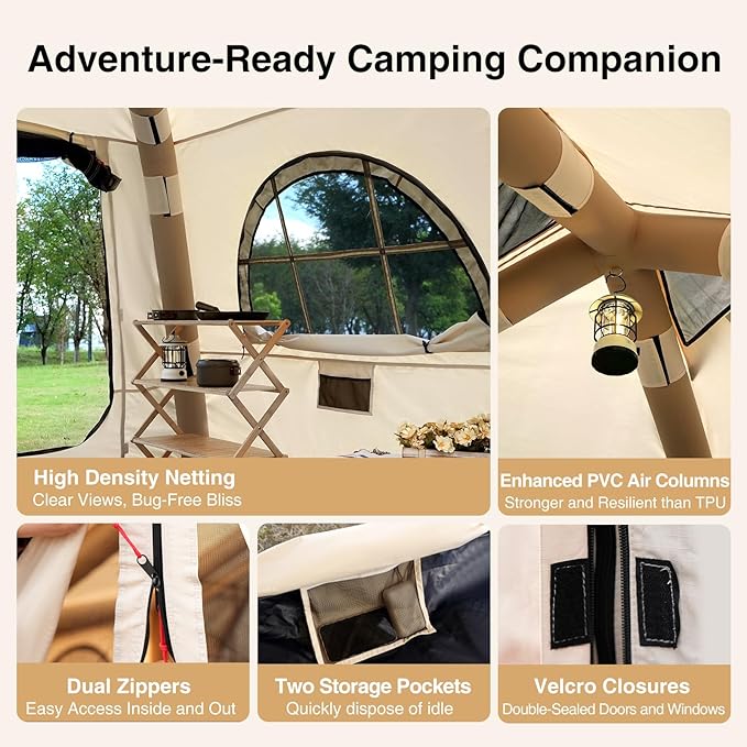 2025 Upgraded 100% Waterproof Inflatable Camping Tent, Large Blow-Up Air Tent, No Assembly Needed Luxury Glamping House, Oxford Fabric