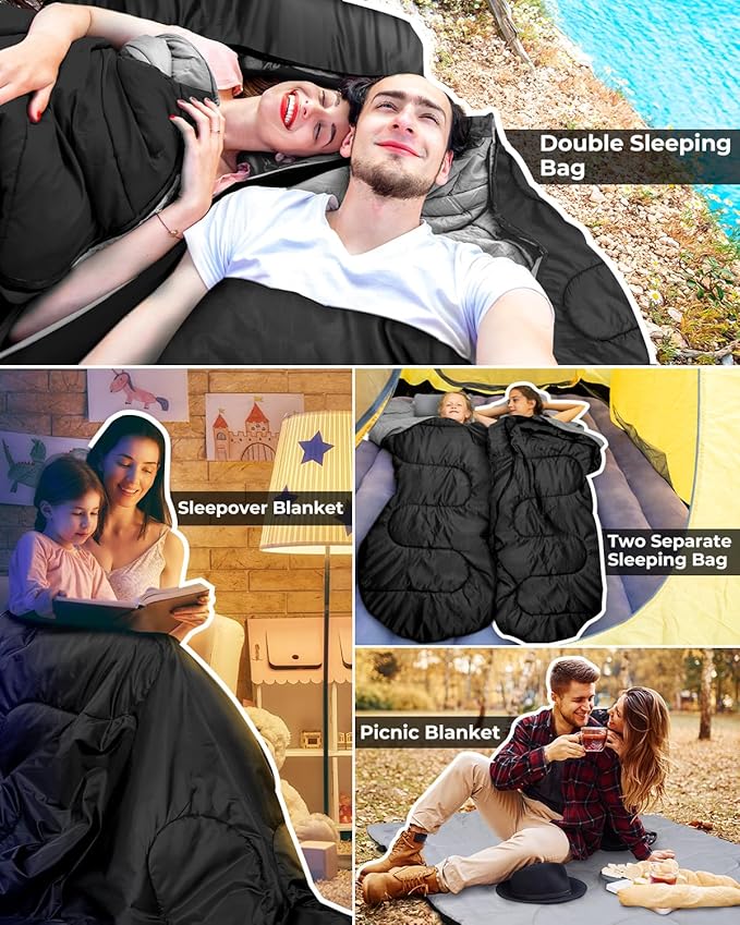 Ohuhu Double Sleeping Bag for Adults with 2 Pillows, Queen Size Two Person Sleeping Bag for Camping Hiking Backpacking 2 Person Sleeping Bags for Cold Weather & Warm
