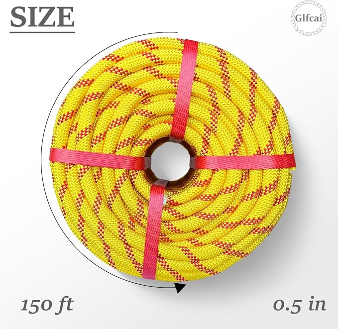 Climbing Rope 1/2 in x 150 Ft Yellow Bull Rope Polyester Braided Arborist Rope 1/2 inch 48 Strands 150ft for Tree Pulling,Nautical Rigging Rope Swing