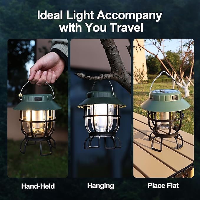 LED Camping Lantern Solar Panel and Type-C Rechargeable Tent Lanterns for Power Outages 5 Fixed Lights Models IPX4 Waterproof Hanging for Fishing Picnics Hiking Patio Garden Travel, Green