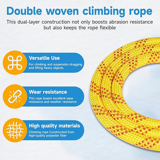 Rigging Rope 1/2 in x 150 Ft Double Braided Polyester Rope Polyester Braided Arborist 48 Strands for Various Outdoor Applications Construction Climbing Swing Sailing (Yellow, 1/2X200FT)