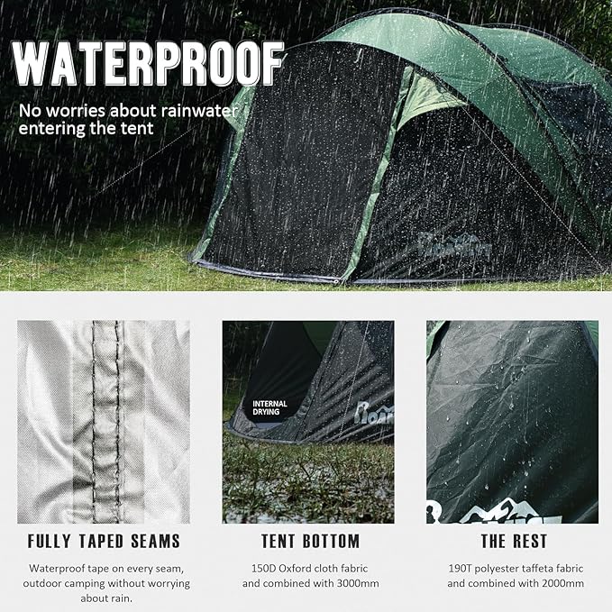 Tents for Camping, 2/3/4 Person Easy Pop Up Tents for Camping, Waterproof Windproof Automatic Setup Camping Tent with Extra Storage, 2 Doors Instant Family Tents for Hiking & Traveling