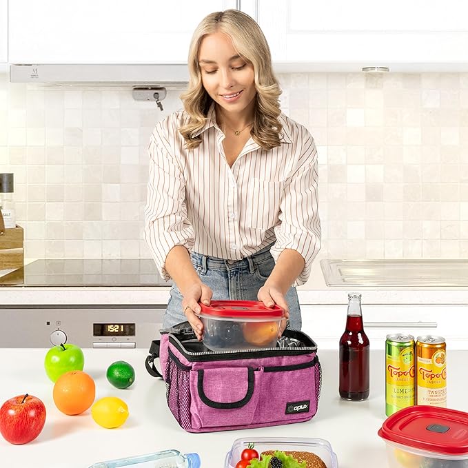 opux Lunch Bag Women Insulated, Adult Lunch Box Cooler, Lunch Box for Men, Dual Compartment Lunchbox for Work, Leakproof Double Decker Lunch Bag, Soft Lunch Pail Tote Girls Boys Kids School, Pink