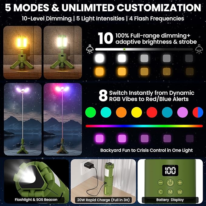 Rechargeable Telescoping Stand LED Camping Lantern & Work Light 15000mAh SOS & RGB Modes, Magnetic Base for Power Outages, Outdoor Adventures & Vehicle Maintenance