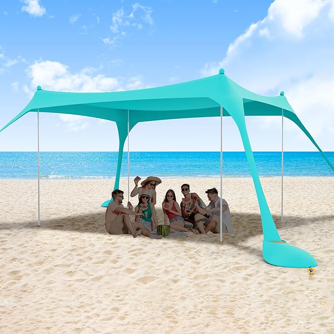 ihuan Beach Tent Sun Shelter 11X11FT UPF50+ with 4 Aluminum Foldable Poles, Easy Setup Outdoor Shade Canopy for 8 Person, Cool Cabana for Fishing, Family Trips, Backyard Picnics