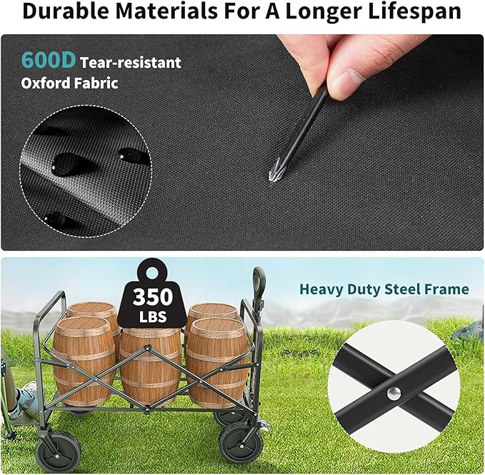 Collapsible Wagon Cart Foldable, 35" L Folding Beach Wagon with All-Terrain Wheels, Shopping Cart with 350lbs Capacity, Portable Camping Wagons Carts for Grocery Garden and Sports, Modern Black
