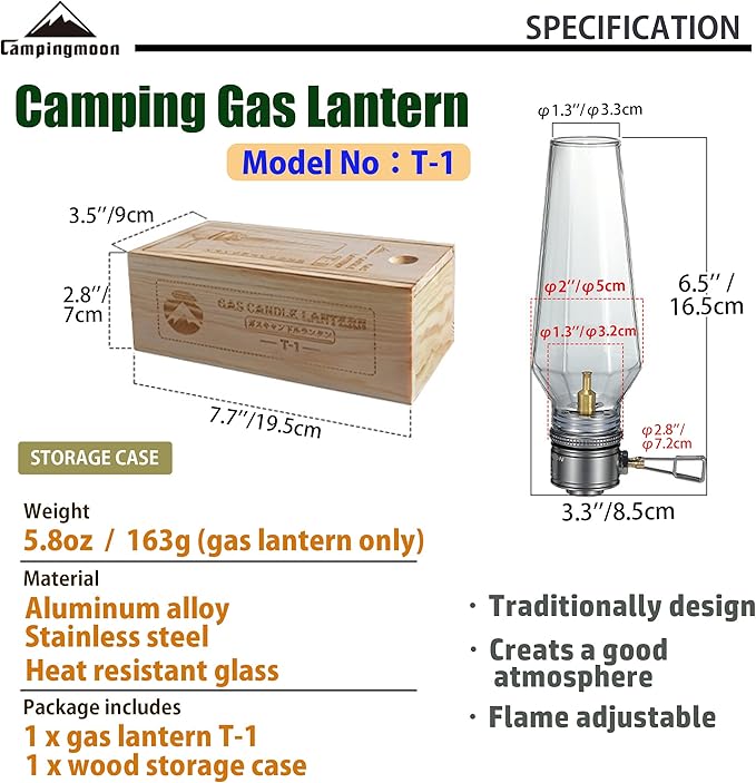 CAMPINGMOON Camping Gas Lantern with Wooden Lantern Case T-1