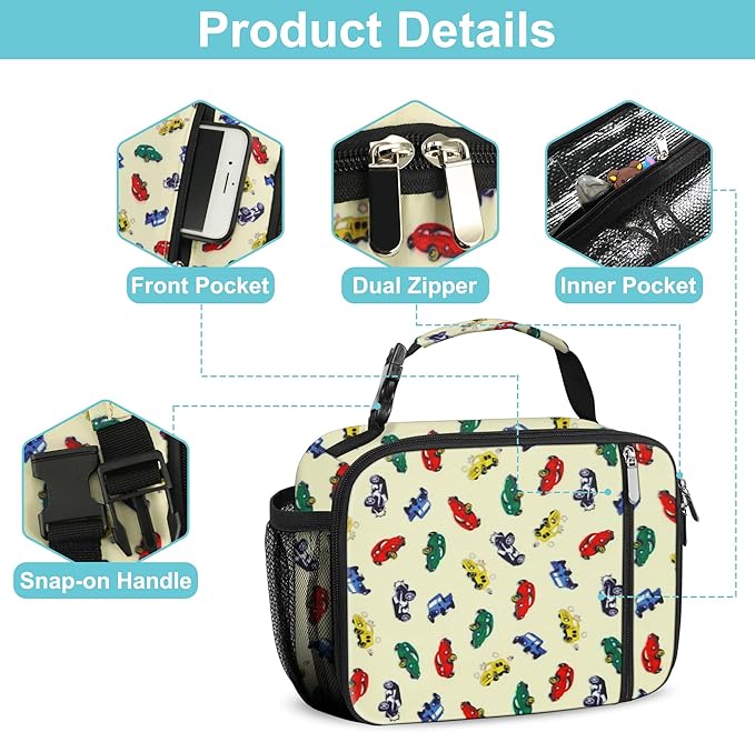 esouler Lunch Box Kids Insulated Lunch Bag for Boys & Girls Durable Children Lunchbox for School with Water Bottle Holder-Car