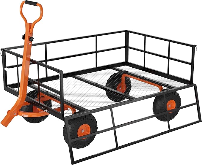 Heavy Duty 1200 Lbs Capacity Steel Garden Cart, Metal Utility Garden Carts and Wagons, with Removable Mesh Sides to Convert Into Flatbed, 2-In-1 Handle and 13" Tires