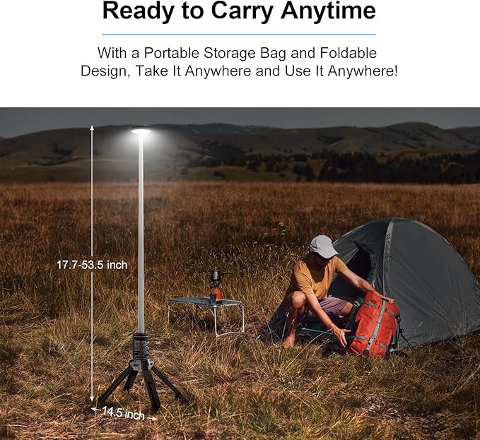 Telescopic Camping Light, Rechargeable Camping Lantern with 20000mAh Battery, Portable Camp Light Outdoor Waterproof with 3 Modes, Camping Light for Emergency, Camping, Hiking(Bag Included)