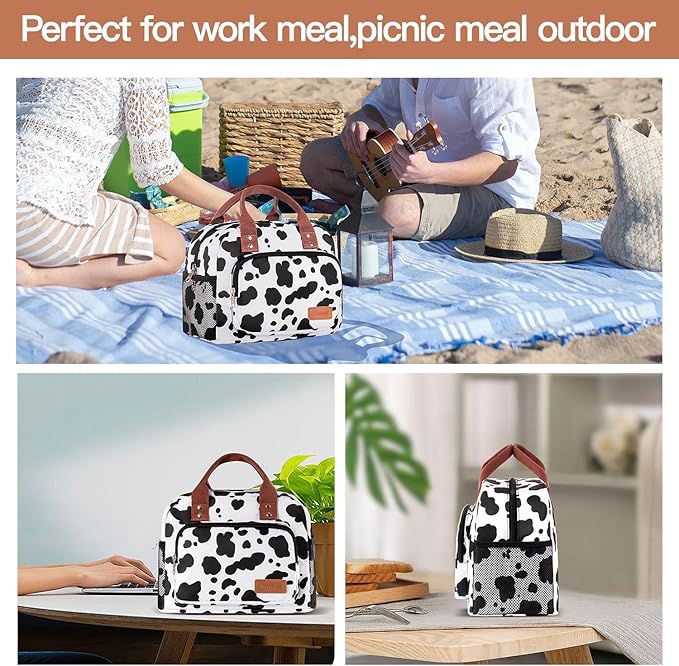 Lunch Bag Women,Insulated Lunch Box Lunch Bag for Women Men Work Adult Cute Small Lunch Tote Bag, Large Capacity Reusable Cooler Containers for Travel Picnic Office or Beach(Cow)