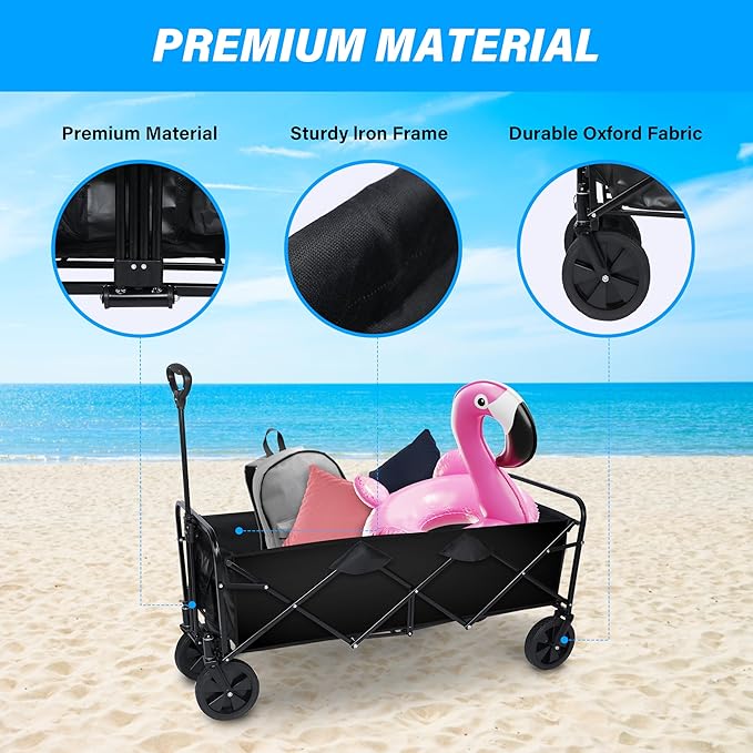 YSSOA Heavy Duty Folding Portable Hand Cart with Removable Canopy, 8'' Wheels, Adjustable Handles and Double Fabric for Shopping, Picnic, Beach, Camping